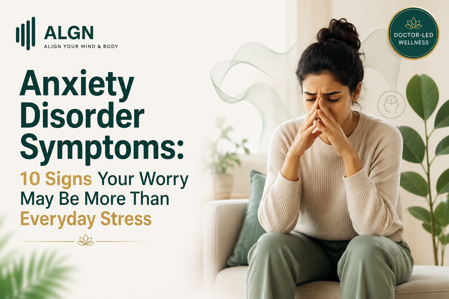 Anxiety disorder symptoms shown by a worried, stressed woman